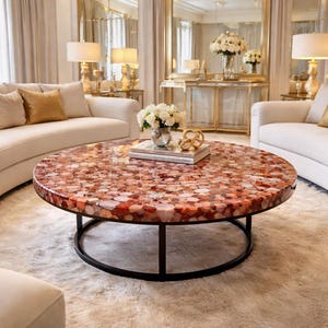 Red Agate Coffee Table, Natural Agate Slice Round Table, Luxury Gemstone Center Table, Handmade Designer Coffee Table