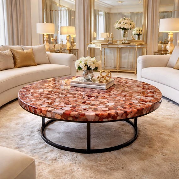 Red Agate Coffee Table, Natural Agate Slice Round Table, Luxury Gemstone Center Table, Handmade Designer Coffee Table