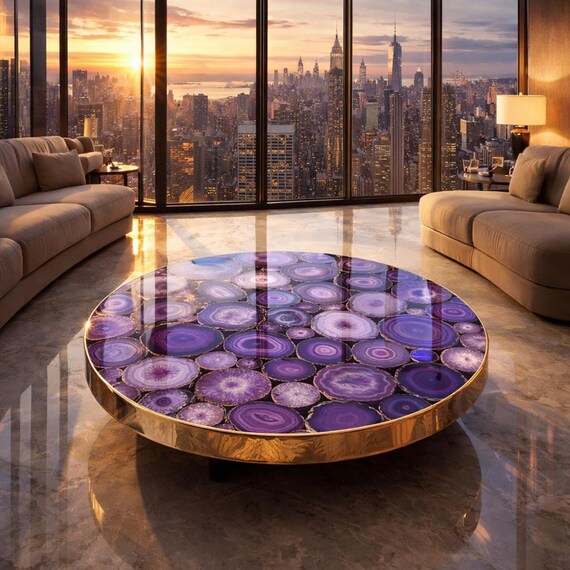 Amethyst Agate Coffee Table, Purple Agate Stone Center Table, Luxury Round Living Room Table with Brass Frame, Handmade Statement Furniture