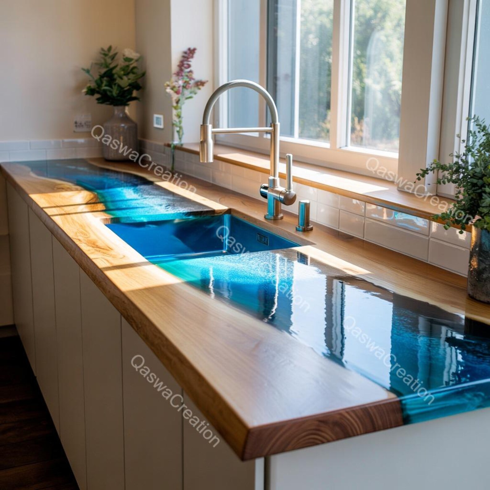 River Style Epoxy Kitchen Countertop, Blue Resin Wood Countertop With ...