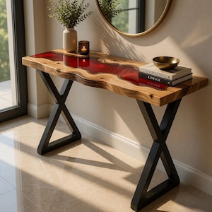 Deep Red Epoxy Console Table, Live Edge Wood River Table, Modern Entryway Sofa Table, Handmade Hallway Accent, Designer Furniture Piece