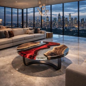 Luxury Red Epoxy Coffee Table, Round Wood Resin Table, Modern River Table, Handmade Designer Center Table, Statement Living Room Furniture