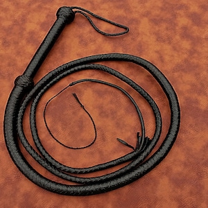 Puede incluir: Un látigo de cuero negro con un mango trenzado y un látigo largo y enrollado. El látigo está sobre una superficie marrón. El mango tiene un lazo para asegurar la muñeca.