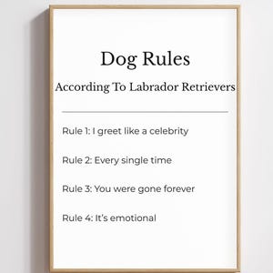 Può includere: Una stampa incorniciata con il testo "Dog Rules According To Labrador Retrievers". Le regole sono: "I greet like a celebrity", "Every single time", "You were gone forever" e "It's emotional". La cornice è marrone chiaro.