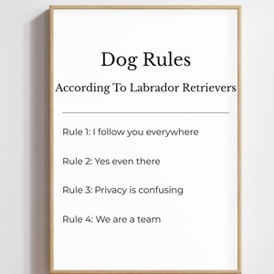 Może przedstawiać: Oprawiony wydruk z tekstem "Dog Rules According To Labrador Retrievers". Zasady to: "Idę za tobą wszędzie", "Tak, nawet tam", "Prywatność jest myląca" i "Jesteśmy zespołem."