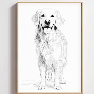 May include: A black and white sketch of a Golden Retriever dog in a wooden frame. The dog is standing and facing forward, with its tongue slightly out. The artwork is detailed, capturing the dog's fur and expression.