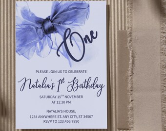 Blue Bow Themed 1st Birthday Invitation- Editable Canva Template- Instant Download
