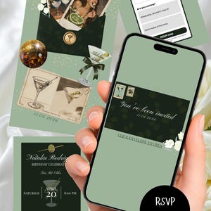 Könnte beinhalten: Einladungsset mit grünem und goldenem Thema. Enthält ein Smartphone mit einem RSVP-Tracker, Einladungskarten und eine Discokugel. Die Einladungskarten zeigen Martinigläser und den Text "You've been invited" und "Natalia Rodrig Birthday Celebration".
