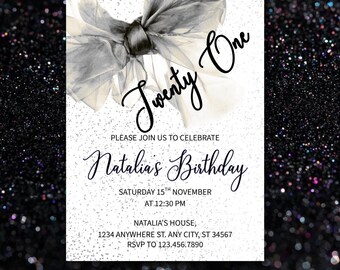 Invitación de cumpleaños número 21 con temática de lazo - Plantilla editable de Canva - Descarga instantánea