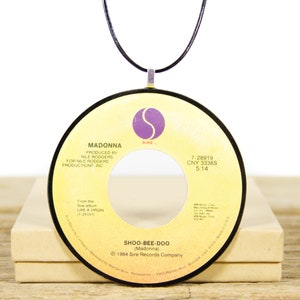 Vintage Handmade Madonna Shoo-Bee-Doo Vinyl Record Necklace from 1984 / Synth-Pop Rock Music Necklace Fashion / Yellow Women&#39;s Necklace Gift