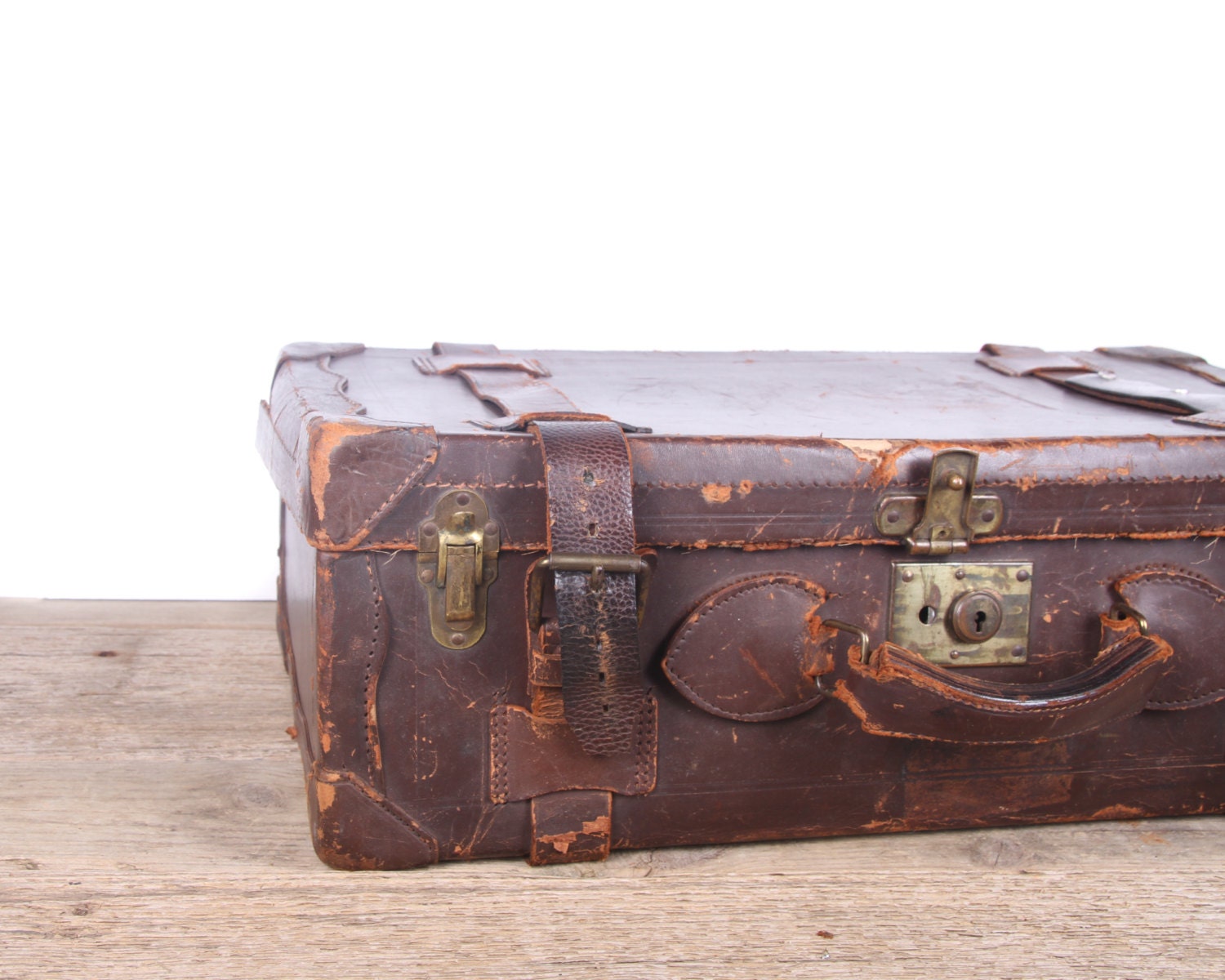 Antique Brown Leather Suitcase Luggage / Vintage Suitcase / Old