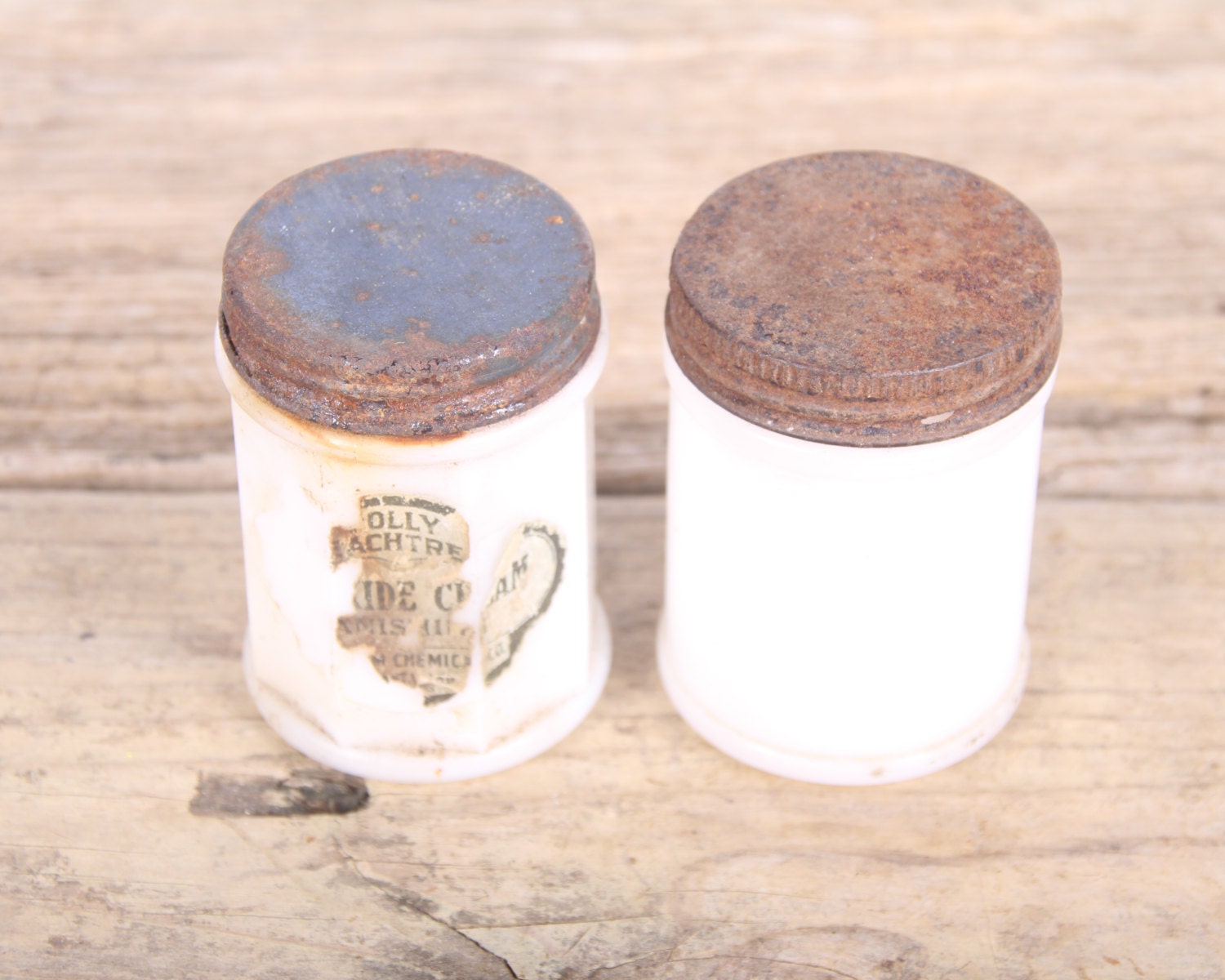 Vintage Milk Glass Jars / 2 Cream Glass Vanity Jars / 2.75 White Glass Jars / Shabby Chic Vanity