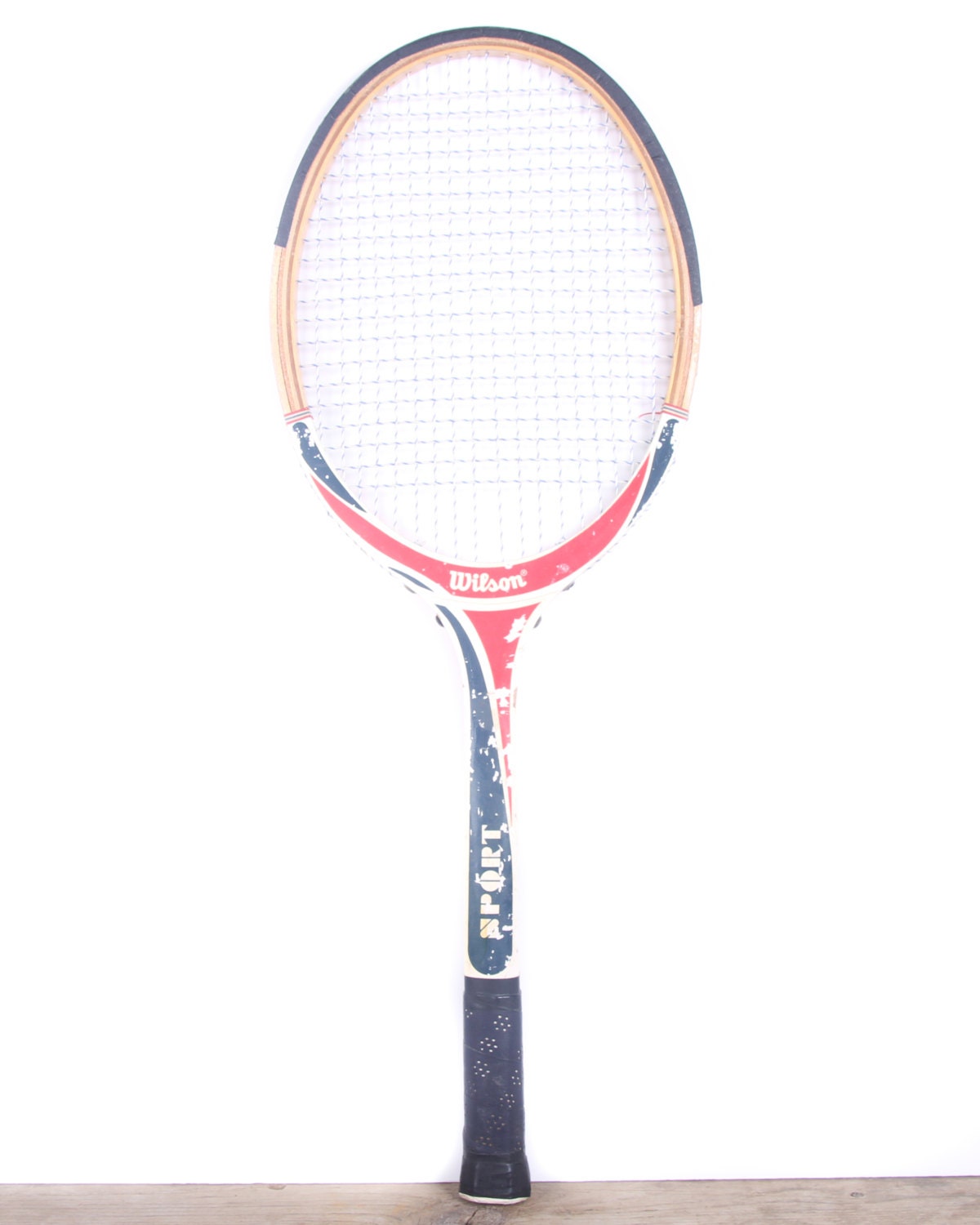 Vintage Wooden Tennis Racket / Wilson Red White Blue Sport