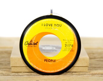 Vintage People "I Love You" Vinyl Record Christmas Ornament from 1968 / Vintage Holiday Decor / Rock, Pop