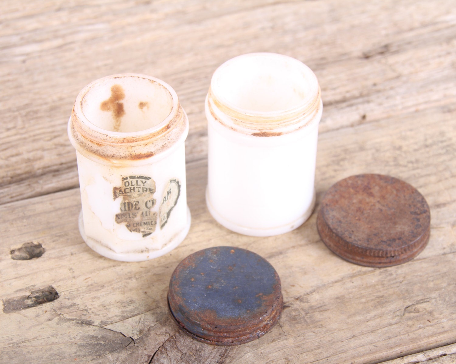 Vintage Milk Glass Jars / 2 Cream Glass Vanity Jars / 2.75 White Glass Jars / Shabby Chic Vanity