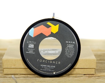 Vintage Foreigner "Down On Love" Record Christmas Ornament from 1984 / Vintage Holiday Decor / Rock, Pop