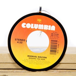 May include: A vintage vinyl record ornament featuring the song "Missing You Now" by Michael Bolton. The record has an orange and yellow gradient background with the Columbia Records logo and text. The ornament is a unique music-themed decoration.
