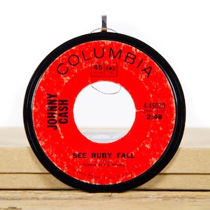 Vintage Johnny Cash "See Ruby Fall" Vinyl Record Christmas Ornament from 1966 / Vintage Holiday Decor / Country, Folk
