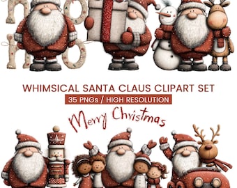 May include: A whimsical Christmas-themed clipart set featuring Santa Claus, a snowman, reindeer, and children. The image includes the text "Whimsical Santa Claus Clipart Set" and "Merry Christmas". The illustrations are in red, white, and brown.