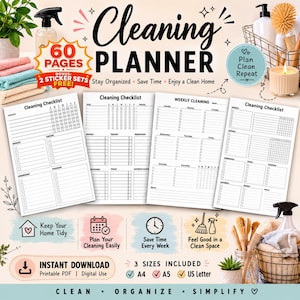 May include: A 60-page cleaning planner with four printed checklist templates. The text reads Cleaning Planner, Stay Organized, Save Time, Enjoy a Clean Home, Plan Clean Repeat, and 3 Sizes Included: A4, A5, US Letter. Includes digital download icons.