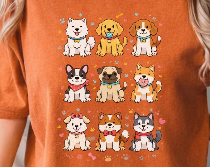Cute Cartoon Puppies T-Shirt، Nine Dog Breeds Funny Unisex Custom Graphic Tee for Men & Women، Trendy Valentine Birthday Gift Shirt