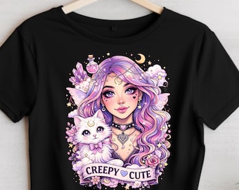 Creepy Cute Witch Girl with Cat T-Shirt | Pastel Goth Illustration