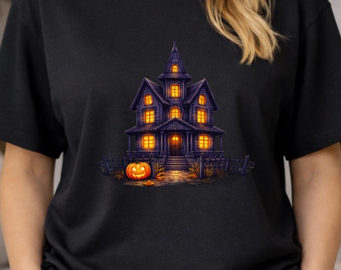 Haunted Victorian House T-Shirt | Halloween with Jack-o'-Lantern