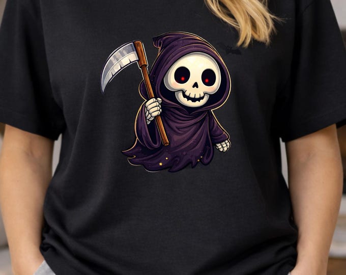 Grim Reaper T-Shirt | Cartoon Skeleton with Scythe, Halloween Tee