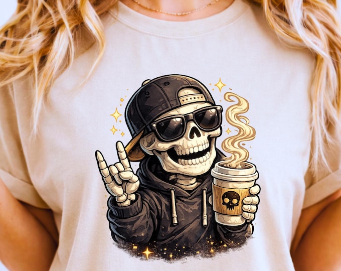 Skull Holding Coffee T-Shirt | Rocker Skeleton with Cup, Coffee Lover Tee