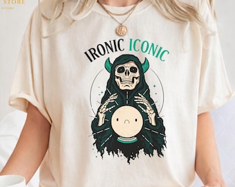 Ironic Iconic Skeleton with Smiley Face T-Shirt | Funny Unisex Custom Graphic Tee for Men & Women | Trendy Halloween Valentine Gift Shirt