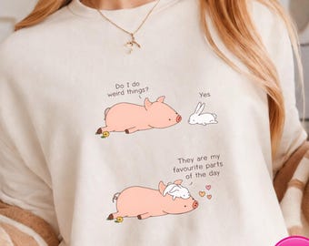 Cute Pig and Bunny TShirt Funny Cozy Graphic Do I Do Weird Things Quote Aesthetic Animal Crewneck Gift for Animal Lovers