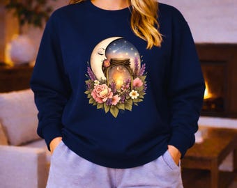 Moonlit Jar with Fireflies Sweatshirt | Floral Night Sky Crewneck