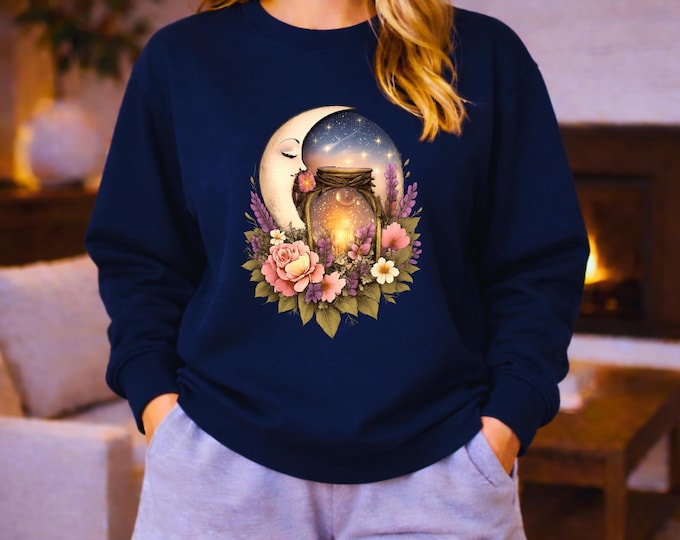 Moonlit Jar with Fireflies Sweatshirt | Floral Night Sky Crewneck