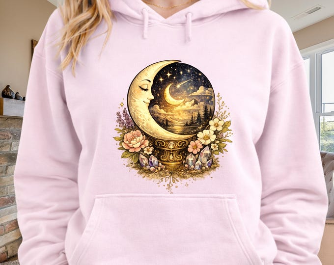 Crescent Moon Floral Night Hoodie | Celestial Sunflowers Pullover