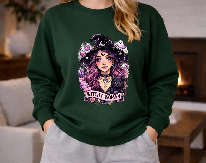 Witchy Woman illustration sweatshirt | witch hat, purple hair, spooky moons