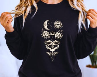Celestial Moon Sun Eye Floral Tarot Crewneck Sweatshirt | Mystical Botanical Spiritual