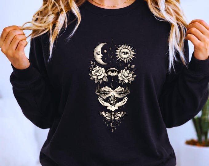 Celestial Moon Sun Eye Floral Tarot Crewneck Sweatshirt | Mystical Botanical Spiritual