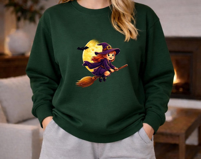 Witch on Broom Sweatshirt | Halloween Moon Bat Crewneck