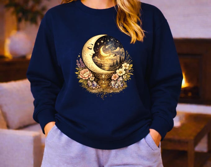 Crescent Moon Crystal Ball moon phases sweatshirt | celestial vintage floral