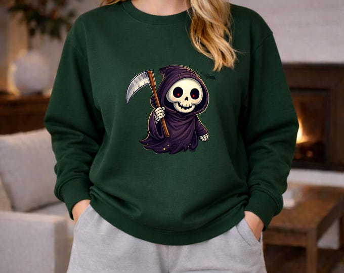Grim Reaper Illustration Sweatshirt | Halloween Skeleton Scythe