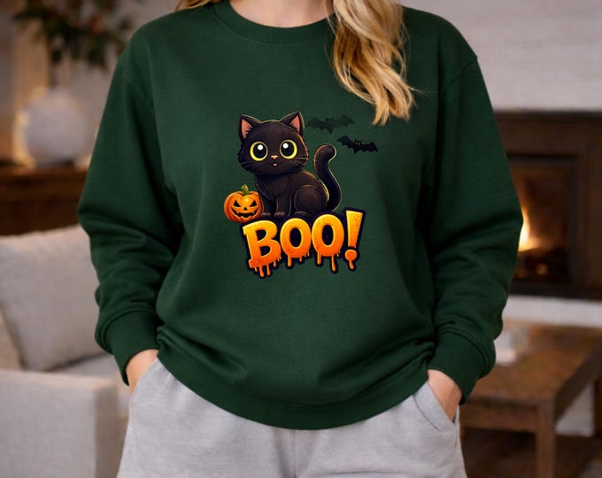 Black Cat with Pumpkin BOO! Sweatshirt | Halloween Cat Design