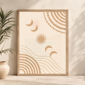 Boho Celestial Wall Art Print, Sun and Moon Poster, Neutral Minimalist Decor, Spiritual Boho Wall Art, Digital Download (5 Sizes)