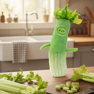 May include: A plush green celery stalk toy with a smiling face and small arms. The toy has a leafy top and is standing on a wooden surface. Celery stalks and chopped pieces are also on the surface.