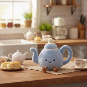 May include: A light blue plush teapot with a smiling face and small brown feet sits on a woven placemat. Two biscuits and a teacup with floral designs are on a plate. A white teapot and teacup are also visible.