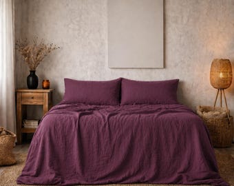 Luxury Plum Linen Duvet Cover Set | Soft Washed Bedding | Minimalist Boho Bedroom Decor | Breathable Natural Linen | Queen Size Bedding