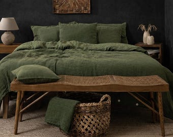 Dark Moosgrün Leinen Queen Bettbezug und Kissenbezüge, Leinen King Bettwäsche mit Knöpfen, Leinen Doona Bezug mit Shams,