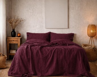 Set copripiumino in lino bordeaux, biancheria da letto in lino lavato morbido, biancheria da letto color vino intenso, arredamento rustico boho per la camera da letto, set di biancheria da letto in lino naturale