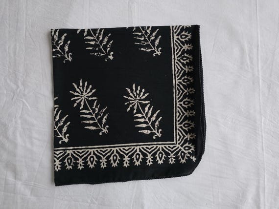 Black Hand Block Print Bandana | 100% Cotton Bandana | Floral Ethnic Scarf | Handmade Indian Bandana | Boho Hair Scarf & Neckerchief