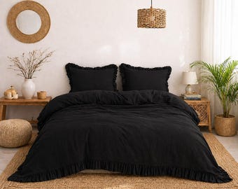 Black Linen Ruffle Duvet Cover Set | Soft Washed Bedding | Boho Chic Bedroom Decor | Minimalist Luxury Bedding Set | Pillow Cover Included