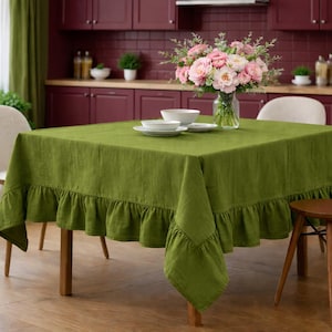 Olive Green Ruffle Tablecloth, Linen Look Rectangular Dining Table Cover, Farmhouse Table Linen, Rustic Kitchen Decor, Wedding Tablecloth,